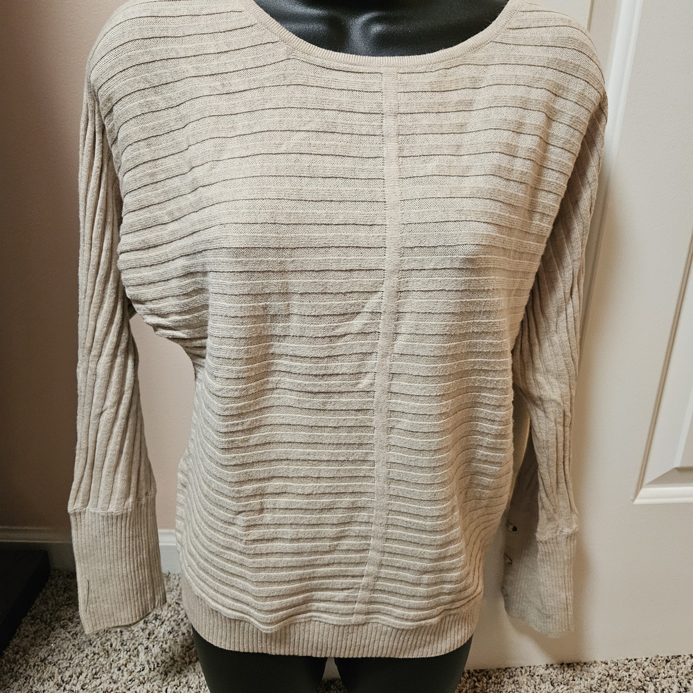 New York & Company Light Tan Striped Crew Neck Sweater
